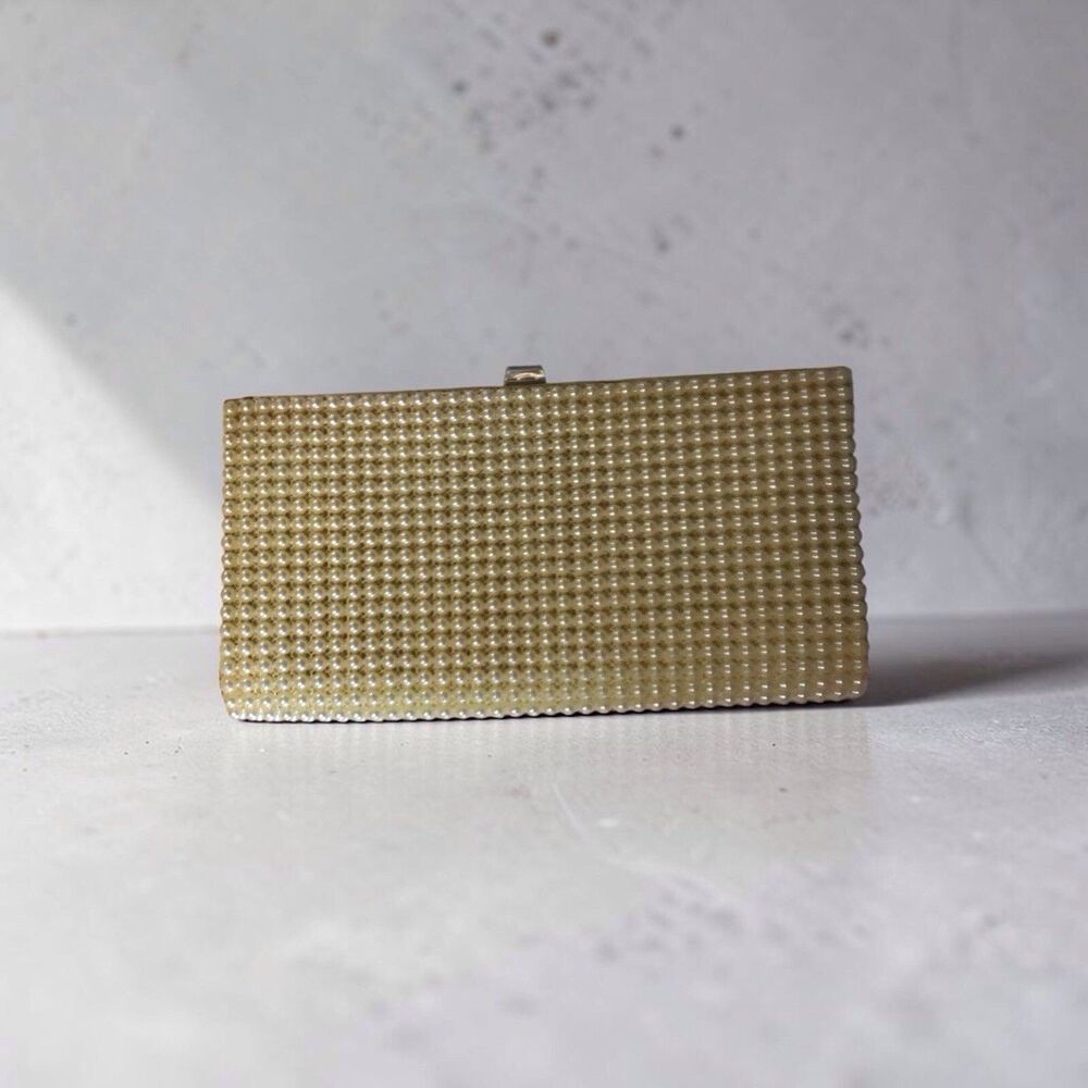 Vintage JR USA Faux Pearl Beaded Evening Clutch Purse – Brass Frame, 1950s–60s